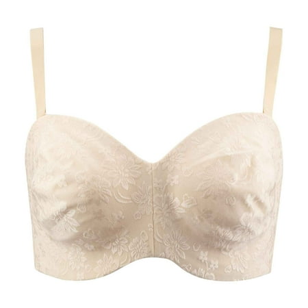 Virmaxy Women s Oversized Ultra-thin Model Everyday Bra Removable Straps Plunge Type Jacquard Bra Underwear Daily Bra with Steel Ring Beige 80D