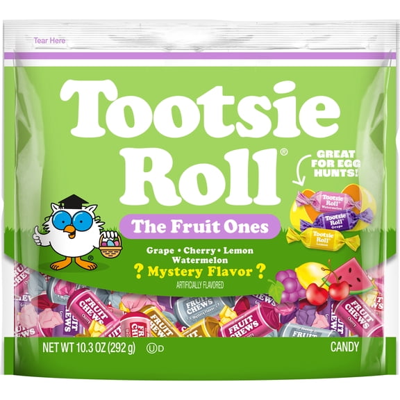 Tootsie Roll Fruit Flavored Chews, with Mystery Flavor, 10.3 oz. Peanut Free, Gluten Free. Contains Milk and Soy.