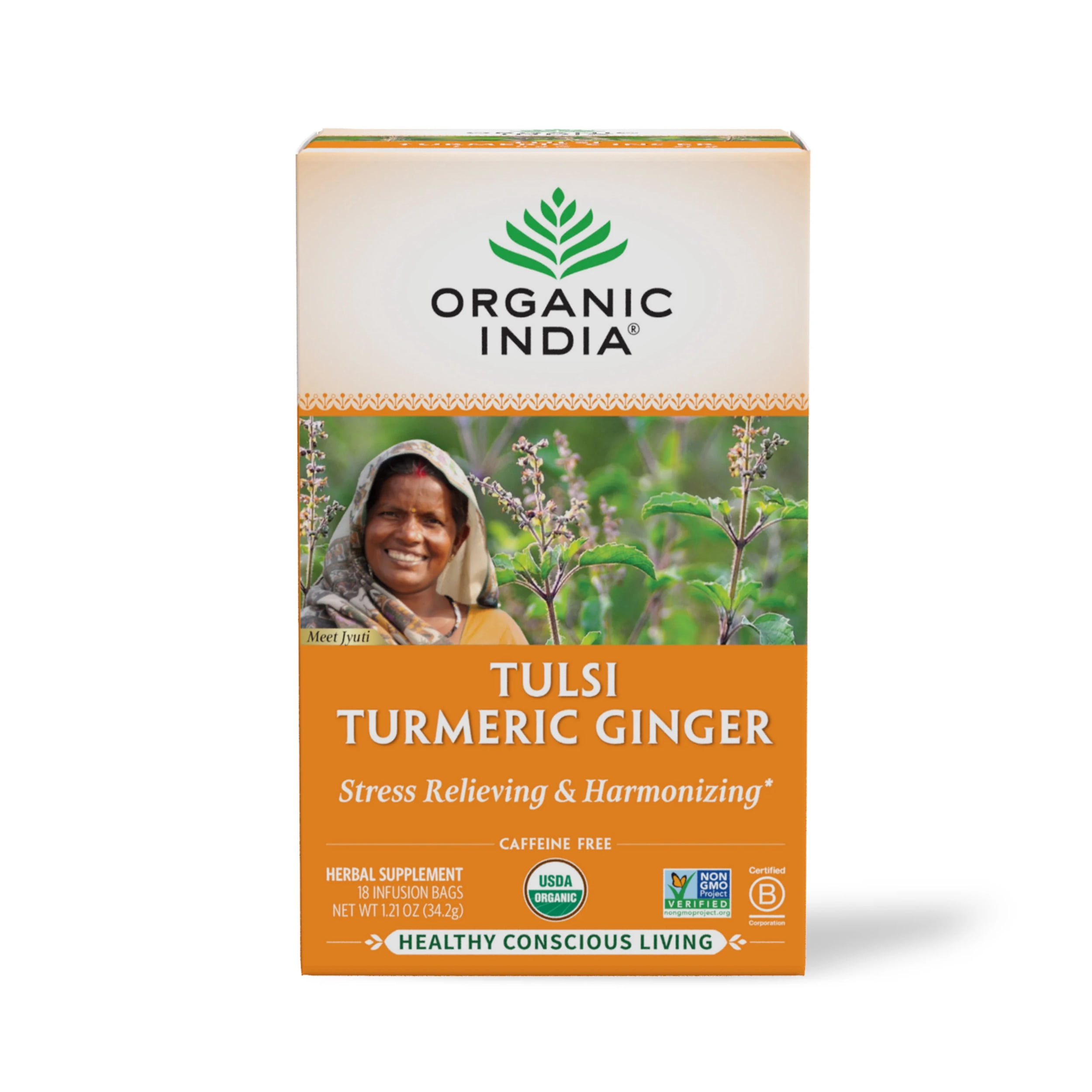 ORGANIC INDIA Tulsi Turmeric Ginger Herbal Tea Bags 18 Count
