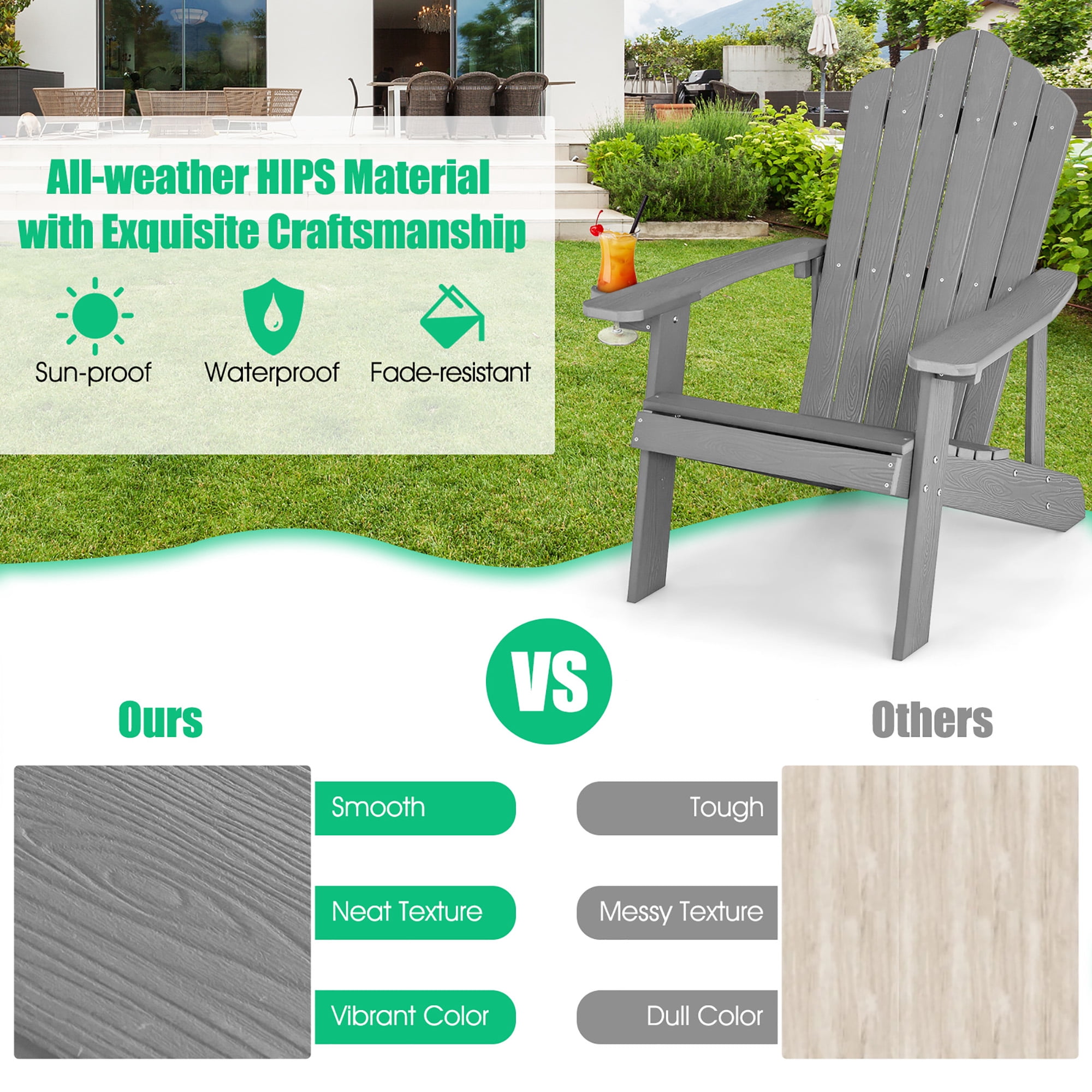 Costway Patio HIPS Adirondack Chair with Cup Holder Weather Resistant Outdoor 380 LBS Grey