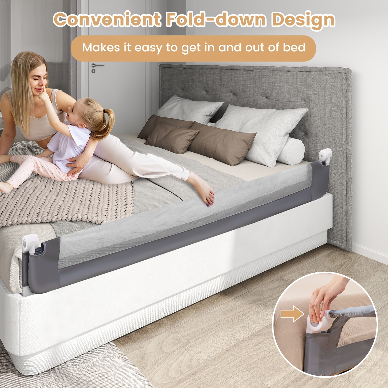 Gymax 71'' Toddler Foldable Bed Rail w/ Adjustable Safety Strap Bedrail Guard Gray