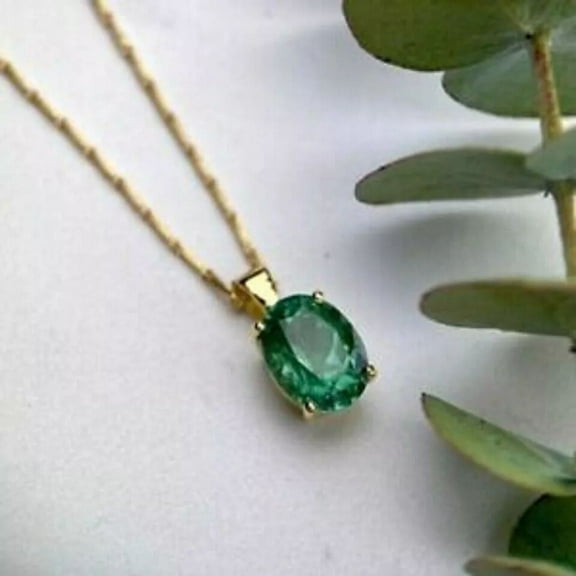 1.00 Ct Oval Cut Lab-Created Green Emerald Solitaire Necklace 14K Yellow Gold Plated 18"