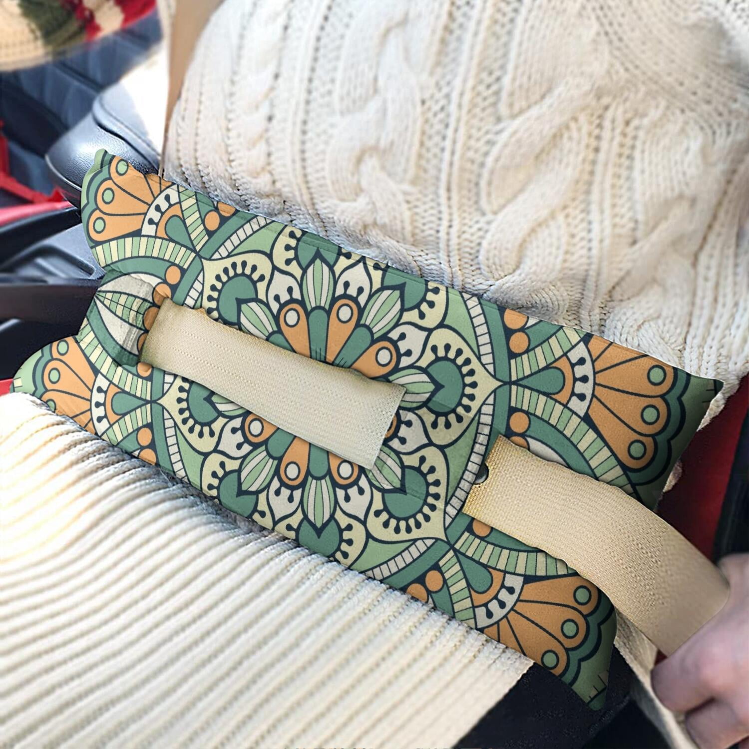Ethnic Inspired Symmetrical Mandala Seatbelt Pillow - Plush Mastectomy Cushion for Car - Post Surgery Recovery Pillow with Sacred Symbolic Art