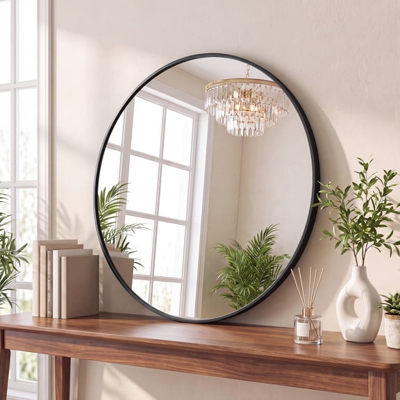 CONCETTA 28-Inch Round Wall-Mounted Mirror, Made Of High-Quality Aluminum, With a Clear And Bright Mirror Surface, Equipped With a Convenient Hook, Black, Gift for Mother's Day