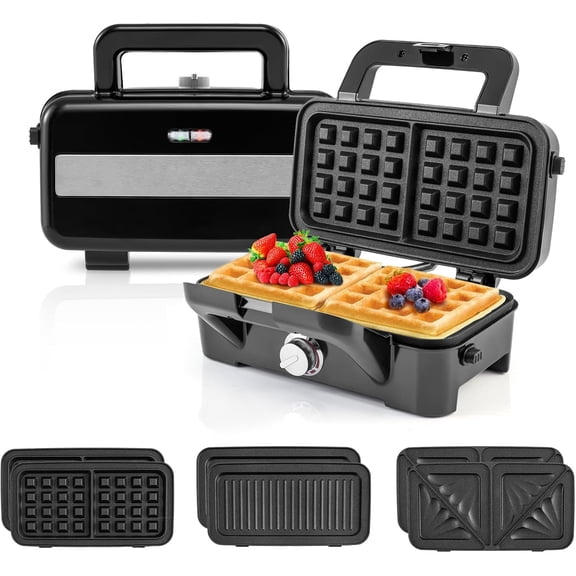 3 in 1 Sandwich Maker, 1082W Waffle Maker with Removable Plates, Sandwich Press with 5-Gear Temperature Control, Indicator Lights, Cool Touch Handle, Panini Press Grill for Breakfast