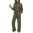 thumbnail image 2 of AHTJRT Women's Tracksuits Striped Crewneck Long Sleeve Tops Drawstrings Side Slit Pants 2 Pieces Athletic Sets Casual Fall Spring Sweatsuits Green XXL, 2 of 7