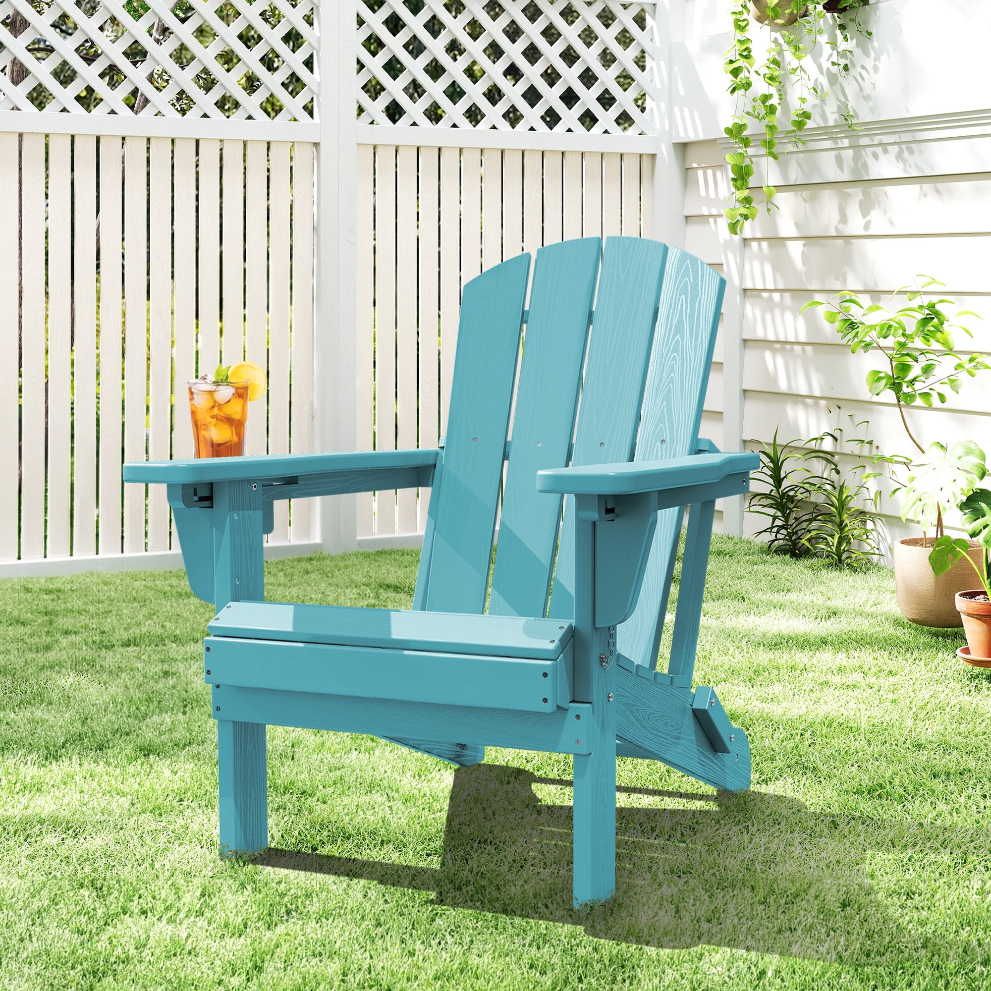 SERWALL Adjustable Folding HDPE Adirondack Chair Outdoor with Cup Holder, for Outdoor, Patio, Poolside, Garden, Aruba Blue