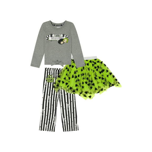 Beetlejuice Toddler Girls Long Sleeve Top, Tulle Skirt, and Leggings Set, 3-Piece, Sizes 12M-5T