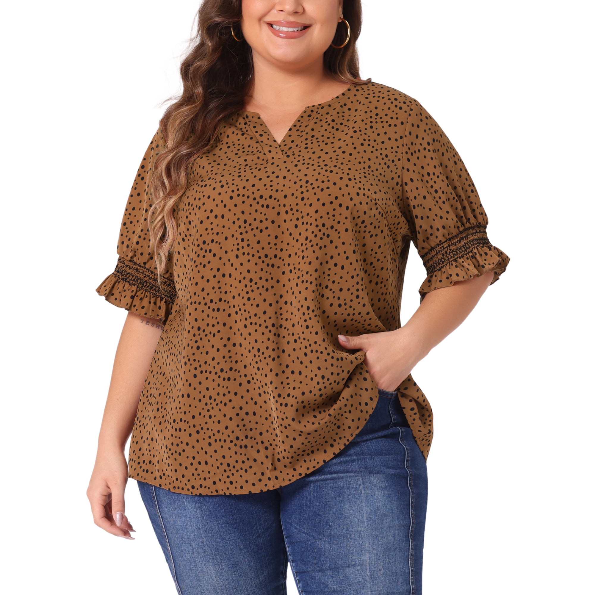 Unique Bargains Women's Plus Size Dots Heart Smocked Short Sleeve Blouse 3X Brown