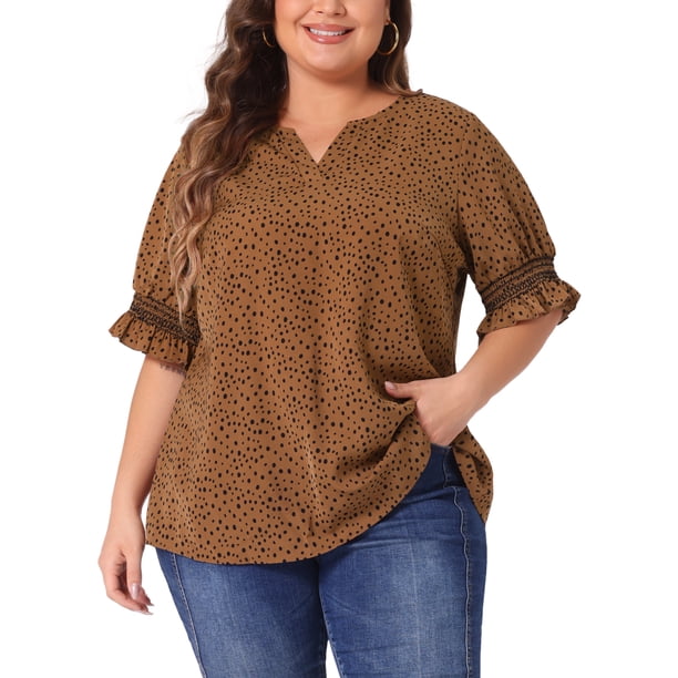 Blusas de mujer de tallas grandes Agnes Orinda con puntos, cuello en V, volantes, manga corta, tops bohemios de primavera y verano 2X marrón