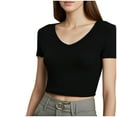 thumbnail image 2 of Lixiuxyad Women's Fashion Rayon Ribbed Slim Fit V Neck Short Sleeved All Base Top Loose Fit,Black L, 2 of 5