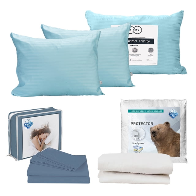 Protector de Colchón King Size + Juego de Sábanas Azul Acero + Almohada Trinity 2