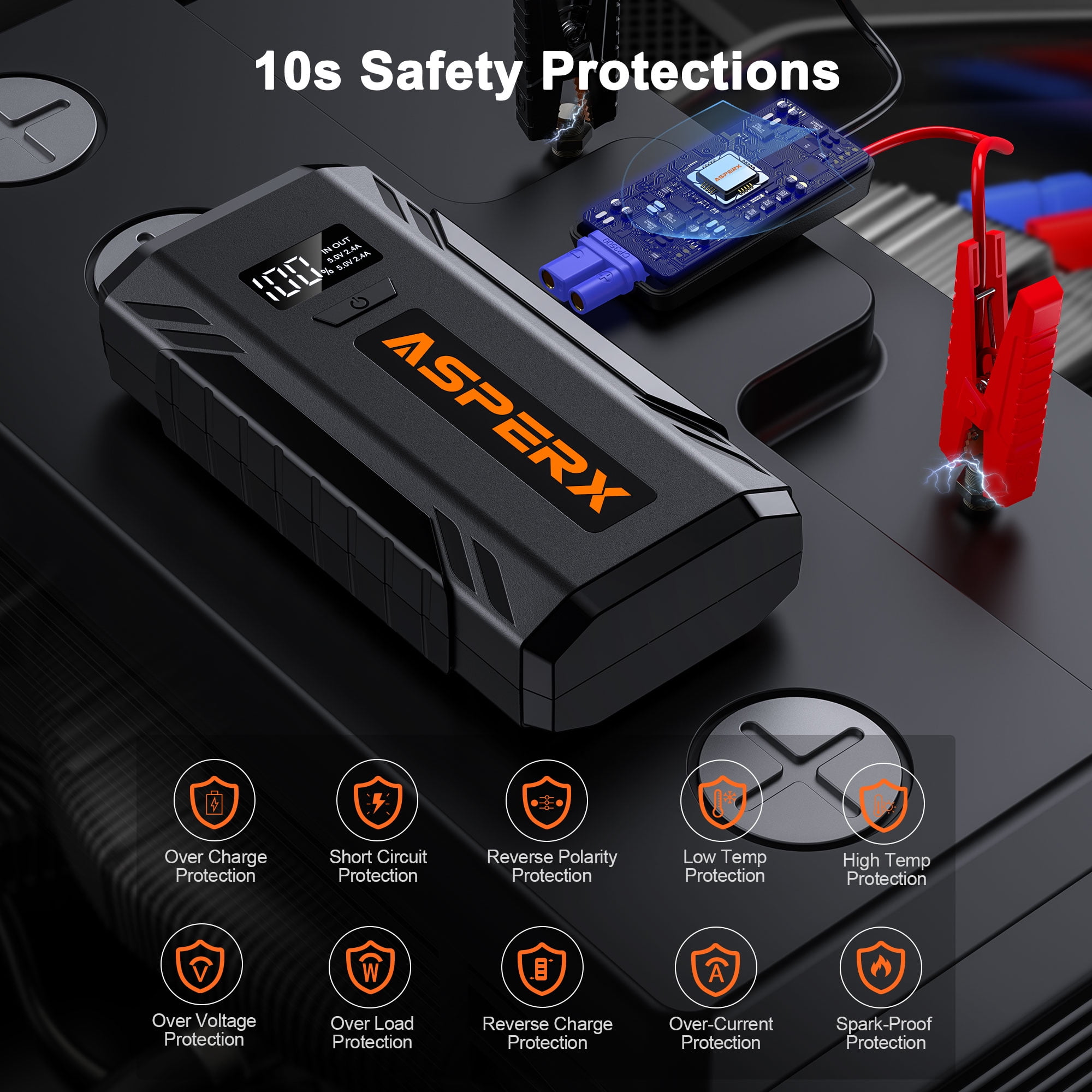 ASPERX Car Battery Jump Starter,2000A Peak Portable Jump Box for Car up to 8.0L Gas or 6.5L Diesel Engine, 12V Battery Power Booster with LED Light