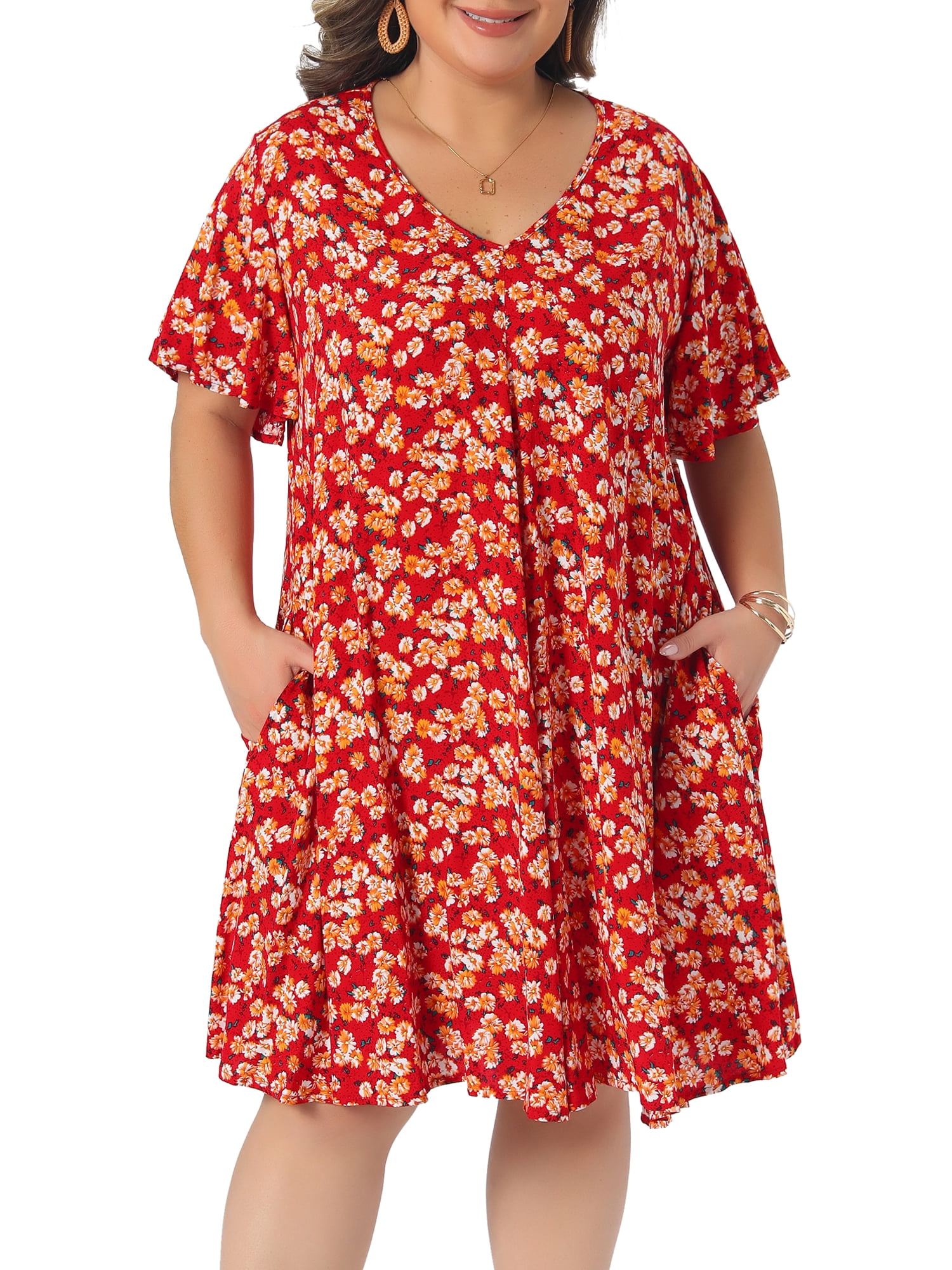 DARING DIVA Women's Plus Summer Short Sleeve V Neck Dress 2X Red