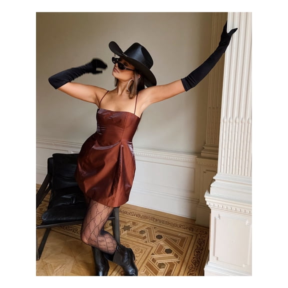 DANIELLE BERNSTEIN Womens Brown Zippered Spaghetti Strap Square Neck Micro Mini Fit   Flare Dress 8