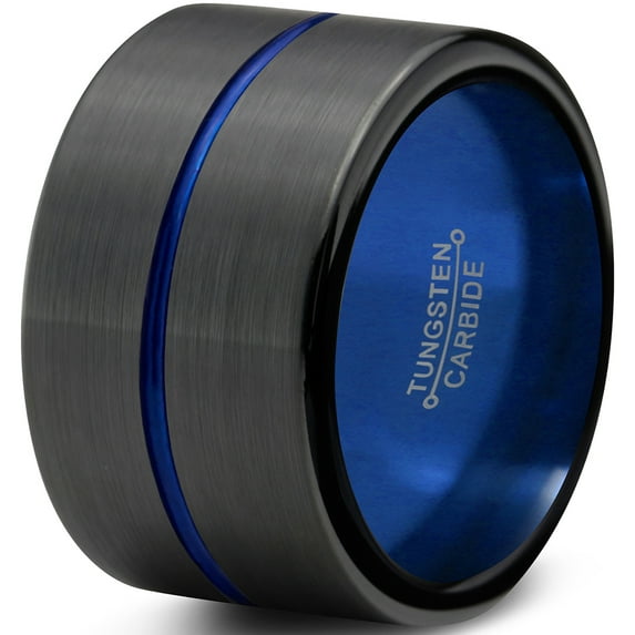 P. Manoukian Tungsten Wedding Band Ring 12mm for Men Women Black Blue Center Line Flat Cut Brushed Lifetime Guarantee Size 9.5