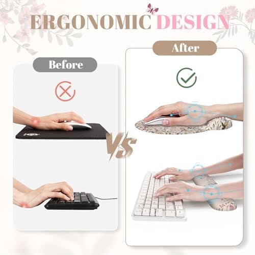 Tekola Desk Mat Set,Large Mouse Pad with Wrist Rest,Ergonomic Keyboard Wrist Support for Women,Girly Floral Computer Mat with Scalloped Edges,Non-Slip Desk Pad Home Office Gaming (Beige)