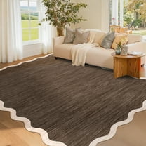 Hasoo Brown Wavy Border Area Rug for Living Room Indoor Bedroom Soft Textured 5' x 7' Carpet with Non-Slip Backing