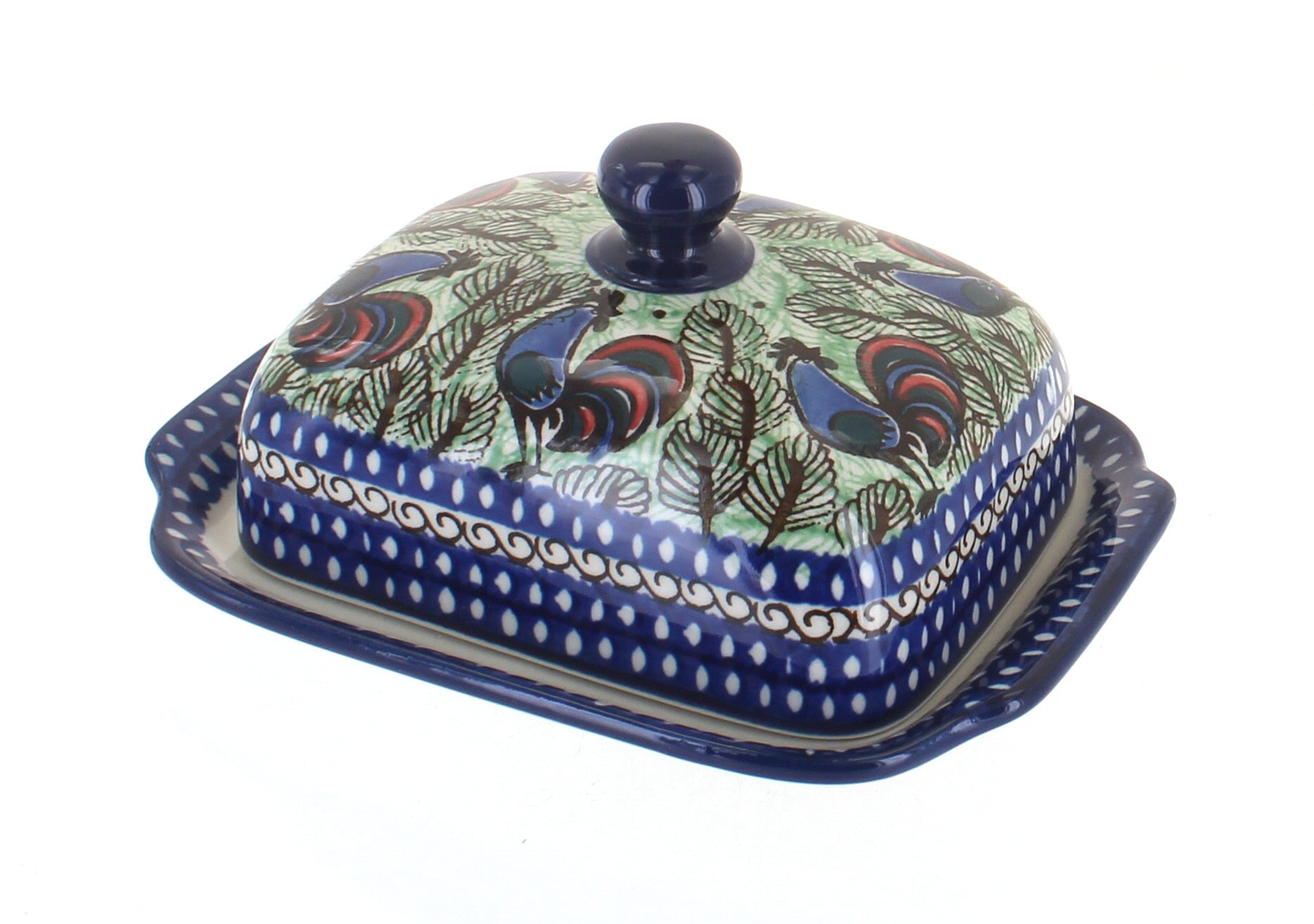 Blue Rose Polish Pottery Rooster Row Butter Dish