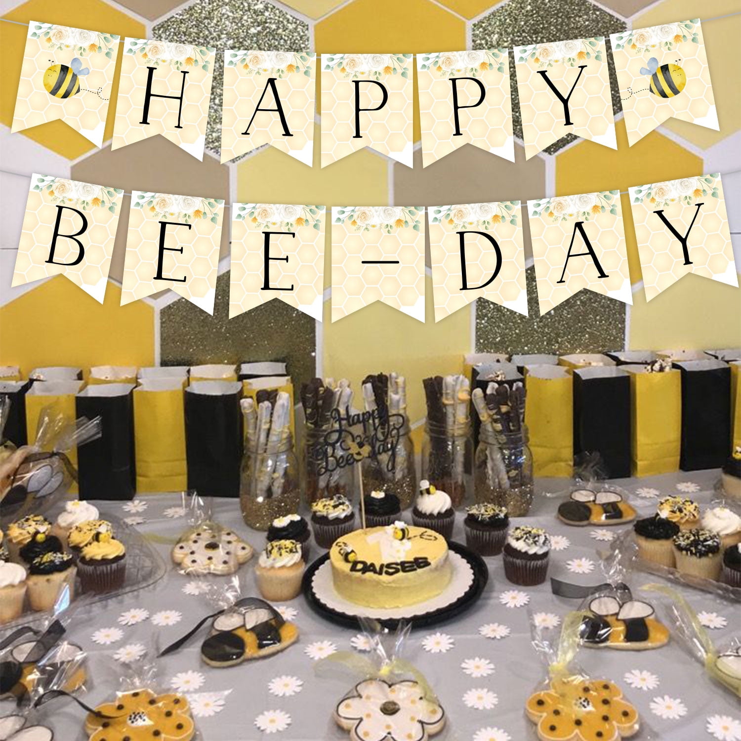 "Happy Bee Day" Banner Gold/schwarz – Deko Für Baby Shower, 1. Geburtstag, Hummel-Party