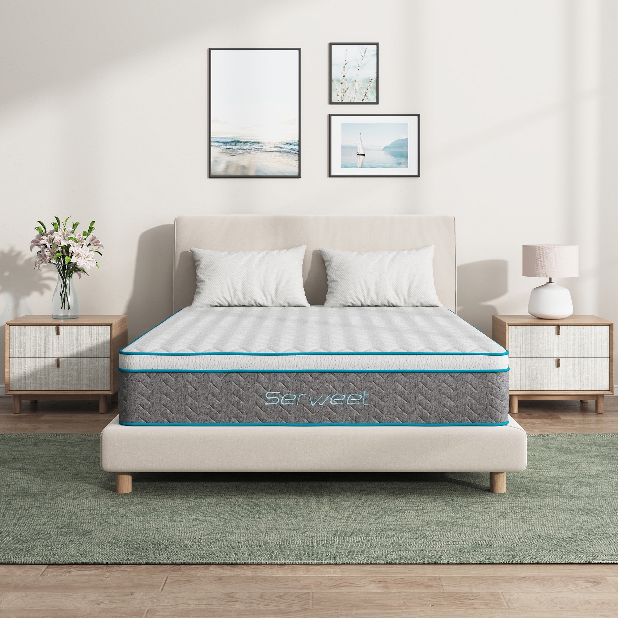 Serweet 10" Full Size Hybrid Mattress, Bamboo Charcoal Gel Memory Foam, 7-Zone Pocket Springs, Medium Firm