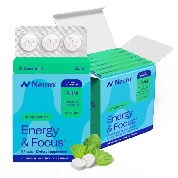 NeuroGum Extra Strength Energy & Focus Gum (6 Pack, Spearmint) | 100mg Natural Caffeine