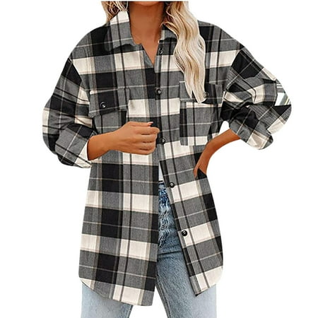 

jsaierl Flannel Shirts for Women Shacket Jacket Oversized Button Down Shirts Plaid Long Sleeve Causal Top