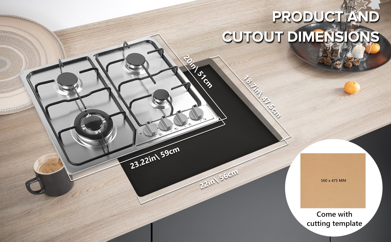 TYEMUI 24 inch Gas Cooktop, Stainless Steel Built-in 4 Burner Gas Stove, NG/LPG Convertible Propane Gas Hob with Electric Ignition for Apartment, Kitchen, RVs