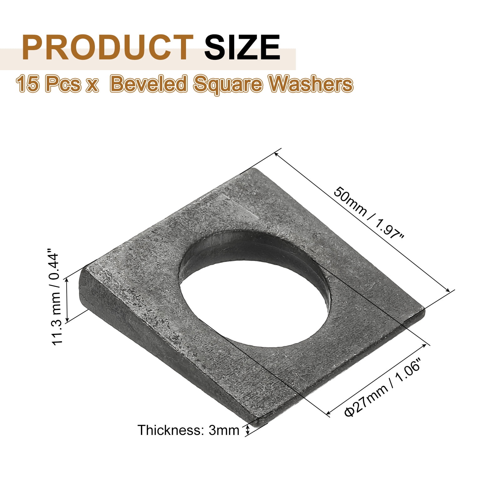 15pcs Beveled Square Washers, M27x50mm Square Beveled Washers Bearing Strut Plate Flat Pad Spacer Carbon Steel for 27mm Bolts Wedge Shim Leveling Fastener Nut Bolt Gasket, Black