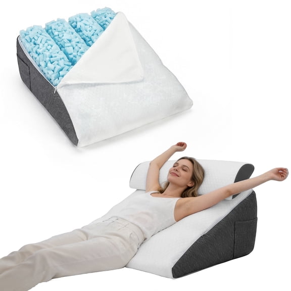 AMTPM Bed Wedge Pillow, Double Layer Memory Foam Wedge Pillow with Detachable Roll Pillow, Washable Cover & Side Pocket for Reading Relaxing