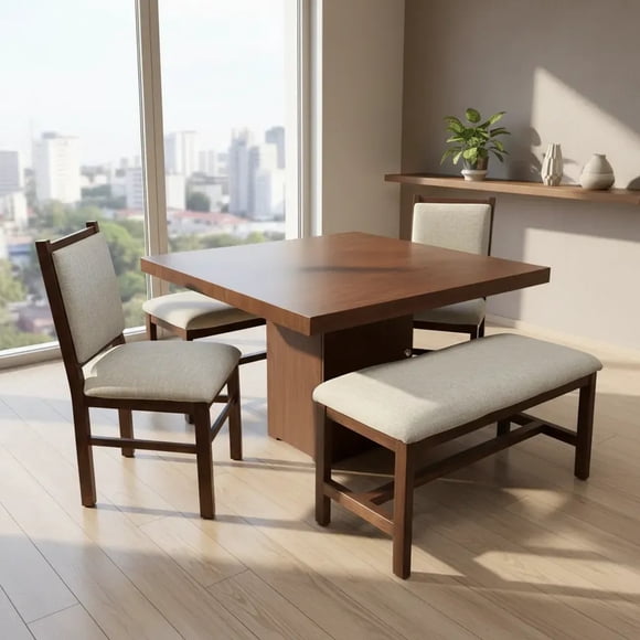 Set de Comedor Valencia 2 Sillas y 2 Bancas 120x120 cm Mdf UV Color Tzalam SALVANTO