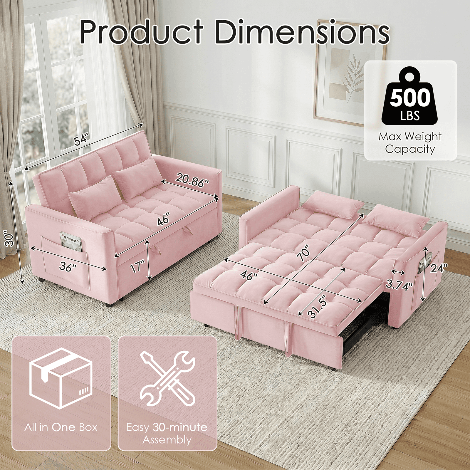 Amuille 3 in 1 Convertible Sleeper Sofa Bed, 54" Velvet Fabric Loveseat, Pull Out Couch for Living Room and Apartment (Pink)