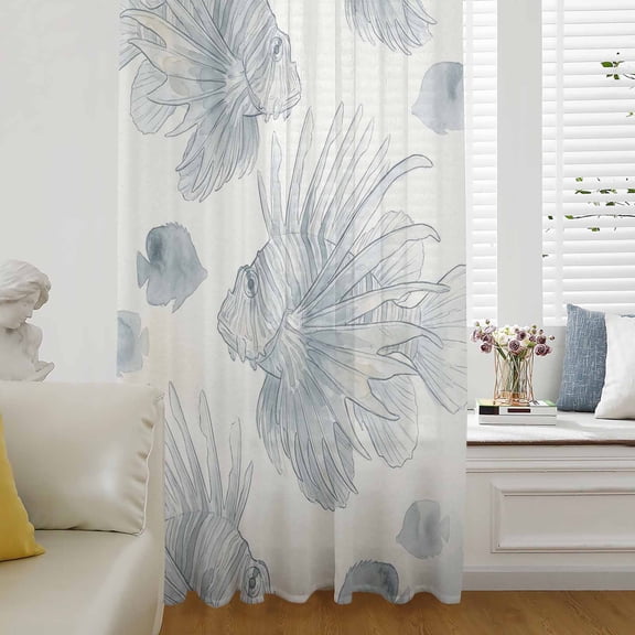 Beach Coastal Fish Sheer Curtains 54 Inches Long for Living Room/Bedroom, Watercolor Sea Ocean Nautical Rod Pocket Voile Kitchen Curtains & Drapes Window Treatment 1 Panel, 52"W x 54"L
