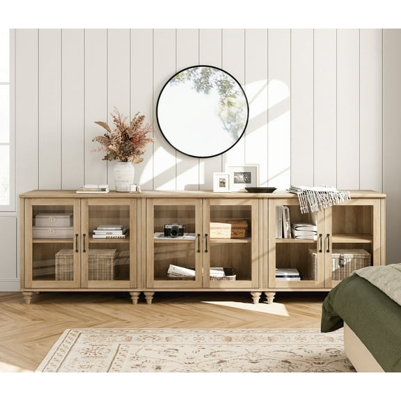 WAMAPT Sideboard Buffet Cabinets with 6-Glass Door, Kitchen Storage Cabinets, Wood Coffee Bar Tables with Adjustable Shelf, Accent Sideboard Storage Cabinet Table Dining Room, Living Room,Oak (3 PCS)