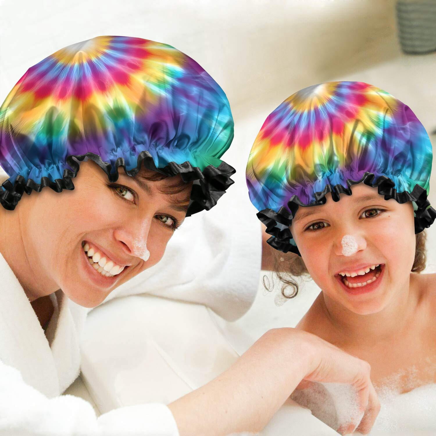 Shower Caps,Rainbow Tie Dye Radial Pattern Waterproof Shower Cap for Women 4 Pieces,Double Reusable Hair Cover for Shower PEVA Elastic Stretch Hem