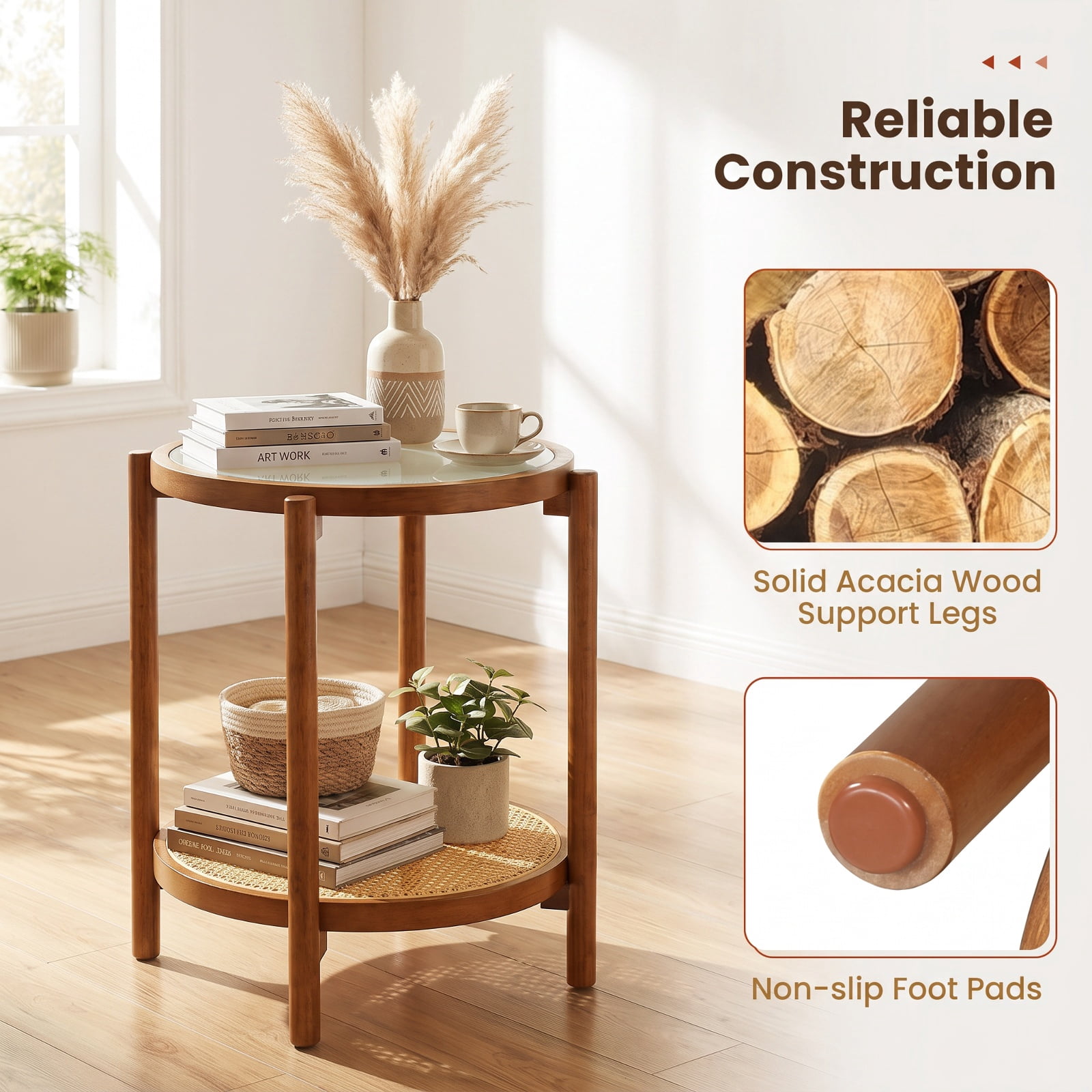Furnibear Round Side Table 2 Tier Boho End Table with Tempered Glass Top and Woven Rattan Shelf on Acacia Wood Legs for Living Room, Walnut