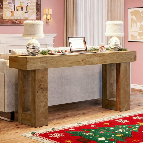 63-Inch Farmhouse Console Table, Wooden Rectangular Sofa Table Behind The Couch, Rustic Entryway Table For Entrance, Hallway, Living Room - Natural