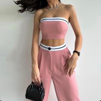 WTOBBY Women's Casual Contrast Color Tube Top & High Waist Wide Leg Pants 2-Piece Set, Summer Sleeveless Vest Trousers Outfit for Beach Vacation or Daily Wear,Pink XL