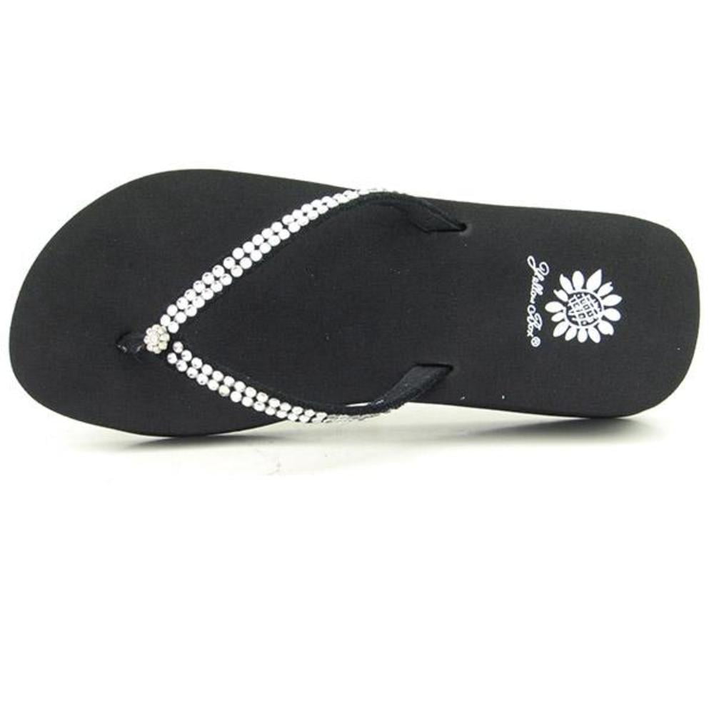 yellow box black sequin flip flops
