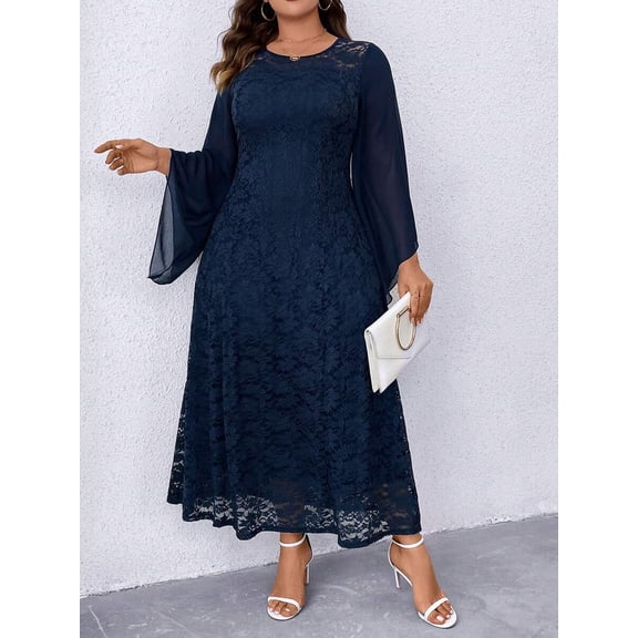 Navy Blue Lace Maxi Dress With Bell Sleeves And Round Neck For Women