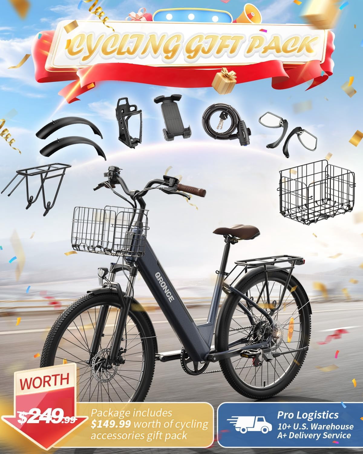 26 inch Electric Bike for Adults 1200W Peak Step Through E-Bike 70Miles Range 25 mph Max Speed Electric Bicycles 7-Speed Front Fork Suspension E-Mountain Bikes 36V 12.8AH Battery, UL2849 by SGS
