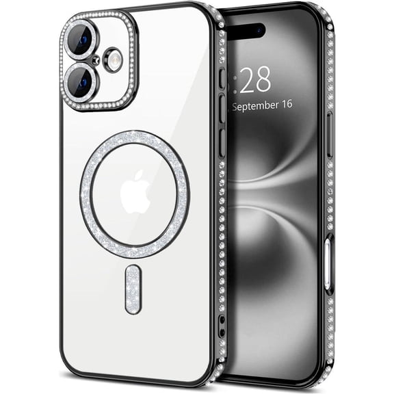Entronix Magnetic Clear Case Compatible with iPhone 16, Sparkly Crystal Cover, Black