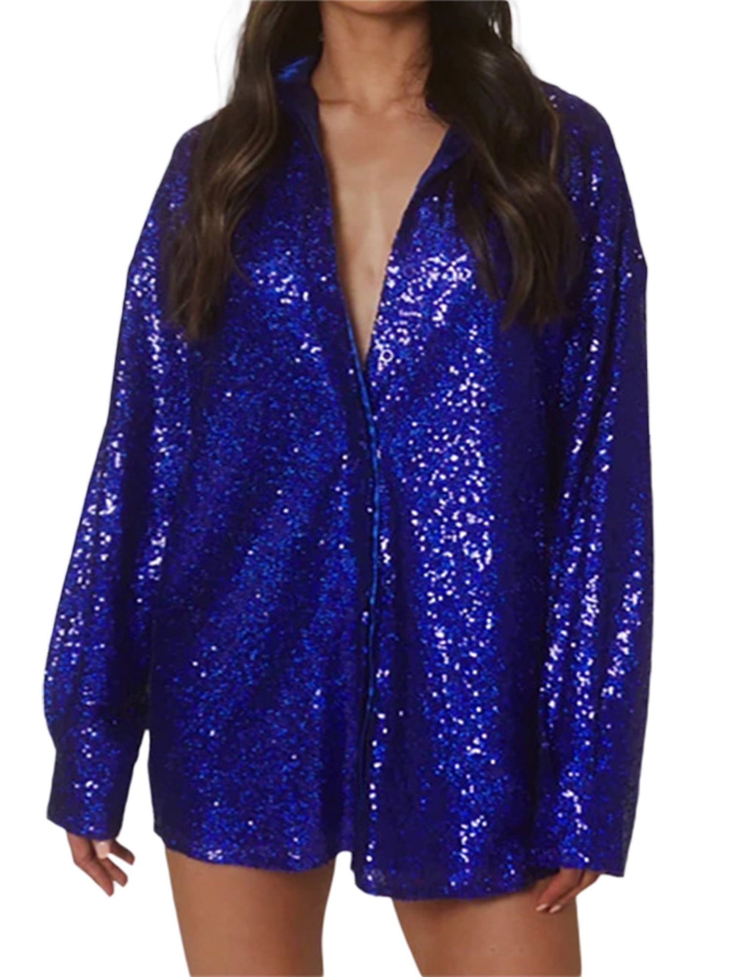 FOCUSNORM Women's Sequin Button Down Shirt Sparkle Glitter Long Sleeve