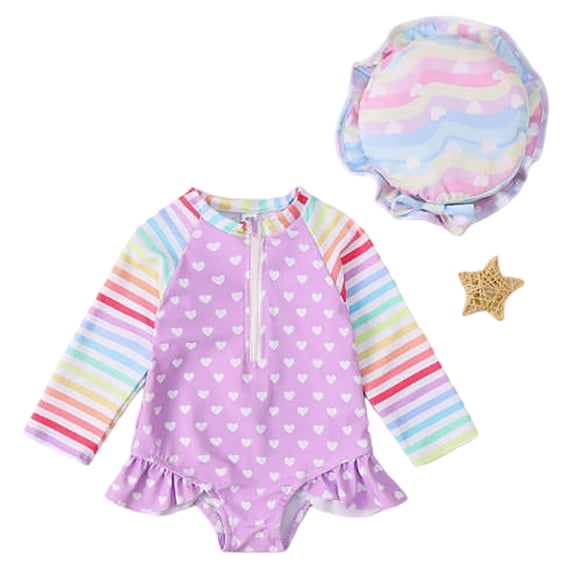 FYDUU Baby Girl Swimsuit One Piece Swimsuits for Girls Rash Guard Bathing Suit Toddler Striped Heart Print Long Sleeve Swimwear with Hat 12-18 Months