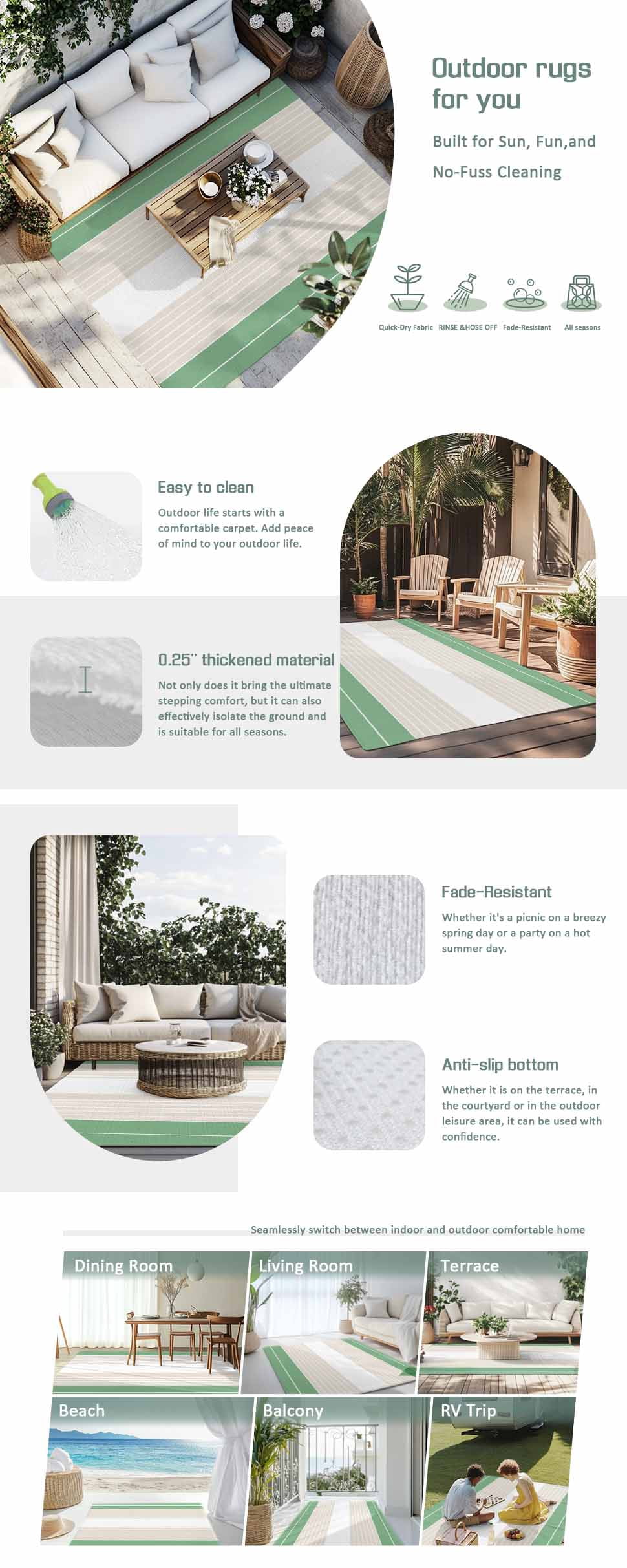 Green Beige Stripe Outdoor Rug 5x8 Ft - Reversible Patio Rug Outdoor Camping Rugs, Modern Art Horizontal Striped Washable Indoor Outdoor Area Rugs, Non-Slip Outdoor Carpet Runner for Deck/Porch