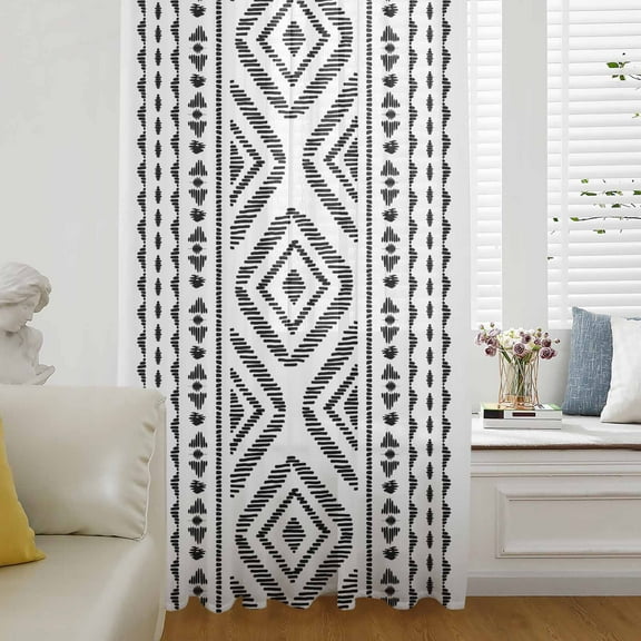 Black Boho Semi Sheer Curtains Drapes for Living Room, Bedroom, French Doors Window 72 Inches Long, Vintage Southwestern Geometric Stripes Rod Pocket Chiffon Curtain Drapery Voile Draperies Panel