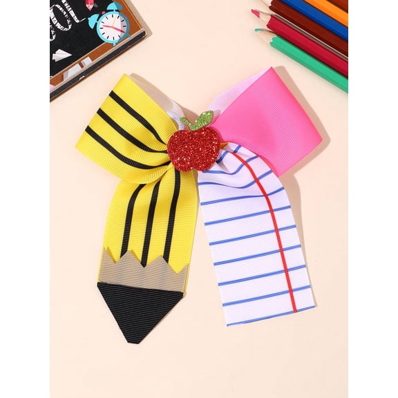 2pcs Back to School Plaid Bow Hair Clip with Glitter Apple – Cute Grosgrain Ribbon Hair Accessory for Girls, Graduation & Summer Party Gift, 4x3 Inch