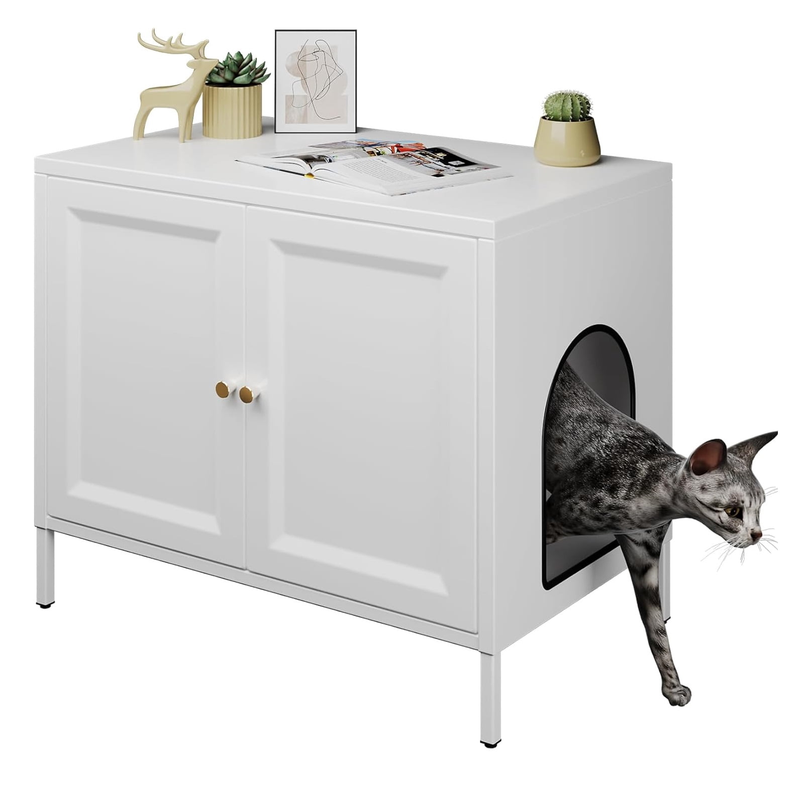 Metal Cat Litter Box Furniture with Barn Door, Fits Most Litter Boxes, White, Assembly Required