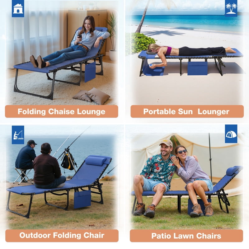 Vineego Folding Chaise Lounge Chair with Face Hole for Tanning, 5-Position Adjustable Textilene Outdoor Sunbathing Chair, Face Down Patio Pool Lounge Chair with Side Pocket & Pillow, Blue