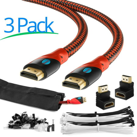 MAXIMM HDMI High Speed Cable 15FT 3PK For Ethernet 3D 4K Audio Return Blu-Ray Playstation XBox & Streaming. Red & Black Braided Cable 30AWG - Cable Sleeve Ties Clips 90 & 270 Degree Adapter